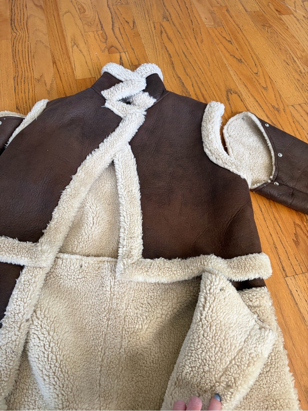 JustFab Brown Teddy Shearling-Trim 4 in 1 Coat with Cream Accents - Picture 7 of 8